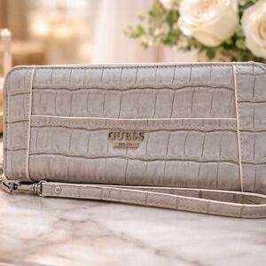Guess Huntley Grey Croc Embossed Zip Around Large Wallet Clutch